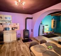 Kuchyně a obývací pokoj v rodinném domě s podlahou s dřevěným dekorem a krbem.