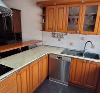 Kuchyně v rodinném domě s dřevěnými skříňkami a nerezovou myčkou nádobí.