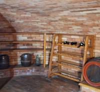 Vinný sklep s cihlovými stěnami a sudy v rodinném domě.