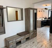 Předsíň s dřevěným dekorem a výhledem do kuchyně ve 3-pokojovém bytě.