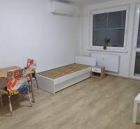 3-pokojový byt s podlahou s dřevěným dekorem, stolem, židlemi a postelí.