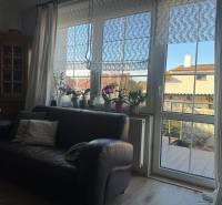 Kožená sedačka a okno s krajkovými závěsy v rodinném domě s podlahou s dřevěným dekorem.