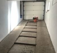 Garáž v rodinném domě s betonovou rampou a květináčem u stěny.