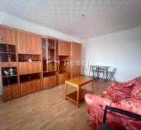 Obývací pokoj v 3-pokojovém bytě s červenou sedačkou a dřevěnou obývací stěnou.