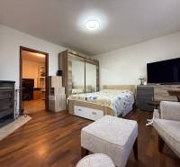 Interiér pokoje s podlahou s dřevěným dekorem a krbem v 2-pokojovém bytě.