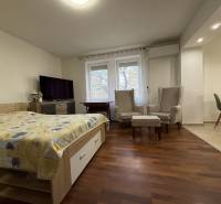 Ložnice v 2pokojovém bytě s podlahou s dřevěným dekorem a pohodlnými křesly.