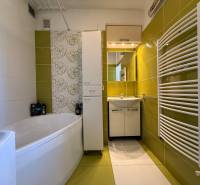 Koupelna v 2-pokojovém bytě se zelenými obklady, vanou a moderním topným tělesem.