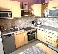 Kuchyně v 3pokojovém bytě s dřevěným dekorem skříněk, sušičkou a troubou.