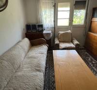 Obývací pokoj v rodinném domě s pohovkou, křeslem a dřevěným nábytkem.