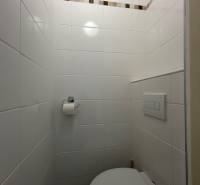 Koupelna v 1-pokojovém bytě s bílými dlaždicemi a stěnou s dekorativním proužkem.