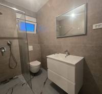 Koupelna ve vile s toaletou, sprchovým koutem a umyvadlem, dlažba s kamenným vzorem.