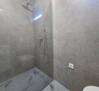 Sprchový kout s průhlednou zástěnou a šedými obklady ve Vile.