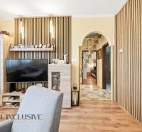 Obývací pokoj v rodinném domě s televizorem a podlahou s dřevěným dekorem.