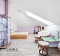 Podkrovní pokoj v rodinném domě s podlahou s dřevěným dekorem, nábytkem a střešními okny.