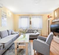 Obývací pokoj v rodinném domě s pohodlnou šedou sedačkou a podlahou s dřevěným dekorem.