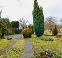 Zahrada rodinného domu na ulici Kalinčiaka v Michalovcích s chodníkem a stromy.