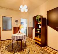 Interiér rodinného domu s kobercovou podlahou, v pozadí skříňka a osvětlení.