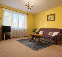 Obývací pokoj v dvoupokojovém bytě, se žlutými stěnami, kobercem a nábytkem.