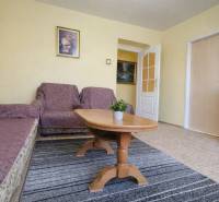 Obývací pokoj s pohovkou, křeslem, kobercem a stolkem v 2pokojovém bytě, podlaha s dřevěným dekorem.