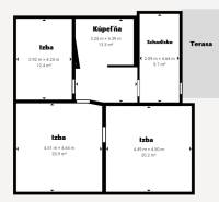 Půdorys rodinného domu v Pruskom se čtyřmi místnostmi a terasou.