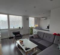 Obývací pokoj 3pokojového bytu s pohovkou, konferenčním stolkem a podlahou s dřevěným dekorem.