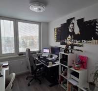 Pracovna ve 3-pokojovém bytě se stolem, regálem, obrazem a podlahou s dřevěným dekorem.