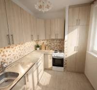 Kuchyně v 2-pokojovém bytě s dřevěným dekorem a oknem, jasný prostor.