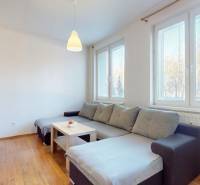 Obývací pokoj 3pokojového bytu s pohovkou a podlahou s dřevěným dekorem.