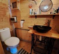 Dřevěný interiér koupelny se zrcadlem, poličkou a umyvadlem v Zahradách.