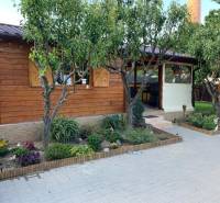 Zahrady v Dolních Krškanech u Nitry s dřevěnou chatkou a upraveným prostorem na odpočinek.