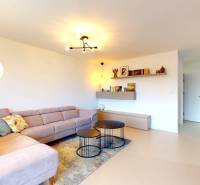 Obývací pokoj v rodinném domě s rohovou sedačkou, kulatými stolky a podlahou s dřevěným dekorem.