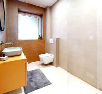 Koupelna rodinného domu s umyvadlem, zrcadlem a závěsným záchodem v jemných tónech.