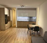 Kuchyně v 2pokojovém bytě s podlahou s dřevěným dekorem a jídelním stolem.