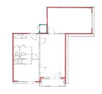 Půdorys 2-pokojového bytu s rozmístěním místností a vchodů.