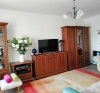 Obývací pokoj v 2pokojovém bytě s dřevěným dekorem a světlým interiérem.