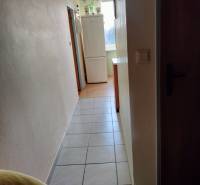 Chodba s ledničkou ve 2-pokojovém bytě, dlažba na podlaze, světlé stěny.