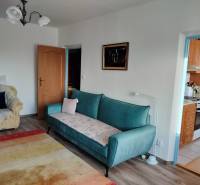 Obývací pokoj v 2pokojovém bytě s pohovkou a křeslem, podlaha s dřevěným dekorem.