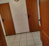 Vstupní chodba v 2pokojovém bytě s dlažbou a dřevěnými dveřmi.