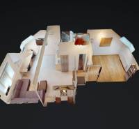 3D model kanceláře s podlahou s dřevěným dekorem a minimalistickým nábytkem.