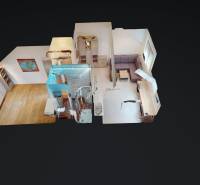 Digitální 3D model interiéru kanceláře s podlahou s dřevěným dekorem a nábytkem.