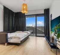 Obývací část v 1-pokojovém bytě s postelí, podlahou s dřevěným dekorem a balkonem.