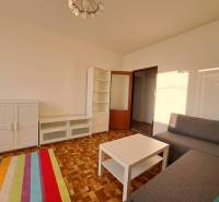 Obývací pokoj s bílými skříňkami, šedou sedačkou a podlahou s dřevěným dekorem v 2-pokojovém bytě.