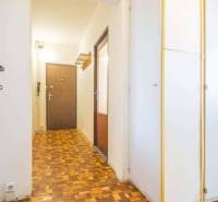 Chodba v 2-pokojovém bytě s podlahou s dřevěným dekorem a vestavěnou skříní.