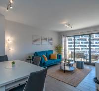 Obývací pokoj v 2pokojovém bytě s podlahou s dřevěným dekorem a posezením.