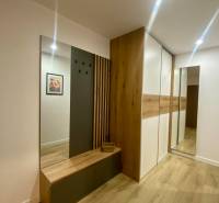 Interiér 2-pokojového bytu s podlahou s dřevěným dekorem, věšákovou stěnou a zrcadlem.