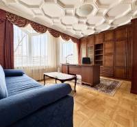 Pokoj ve 4pokojovém bytě s pohodlnou pohovkou, pracovním stolem a podlahou s dřevěným dekorem.