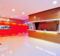 Kanceláře se světlou podlahou a recepcí v dekorativním dřevěném stylu.