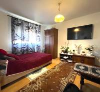 Pokoj s jednou postelí, televizí a podlahou s dřevěným dekorem.