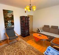 Obývací pokoj v rodinném domě s pohovkou, křeslem, kachlovými kamny a obrazem přírody.