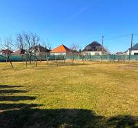 Zahrada rodinného domu v Zemianské Olči s trávníkem a ovocnými stromy.